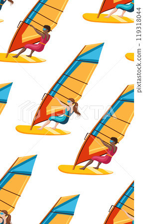 Vector seamless pattern with windsurfing. Texture with women surfing on white background. Surface design with summer activities Vector seamless pattern with windsurfing. Texture with women surfing on white background. Surface design with summer activities 119318044