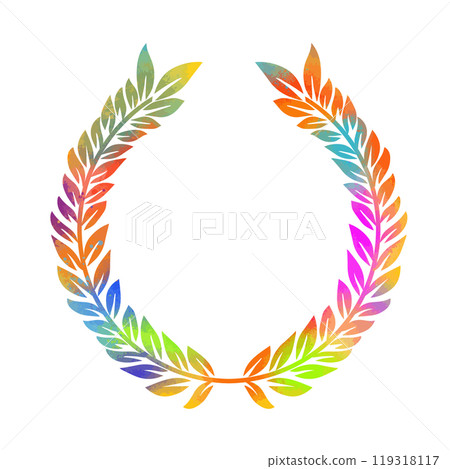 Colored circle of wheat ear on white background. Agriculture wheat logo template. Frame with leaves victory. hand drawn. Not AI, Vector illustration Colored circle of wheat ear on white background. Agriculture wheat logo template. Frame with leaves victory. hand drawn. Not AI, Vector illustration 119318117