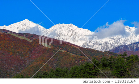 Autumn foliage of the mountains in the Northern Alps, Hakuba Village, Nagano Prefecture 119318164