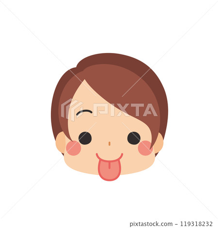 Cute little girl emoji illustration with tongue out, icon, face, facial expression, white background, vector 119318232