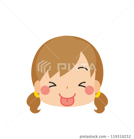 Emoji illustration of a cute little girl with her eyes closed and tongue out, icon, face, facial expression, white background, vector 119318252
