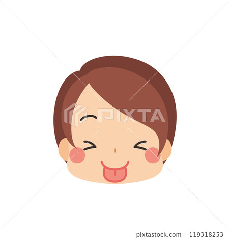 Emoji illustration of a cute little girl with her eyes closed and tongue out, icon, face, facial expression, white background, vector 119318253