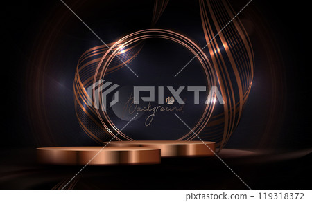 Design with gold shiny podium and round frame with ribbons on black background Design with gold shiny podium and round frame with ribbons on black background 119318372