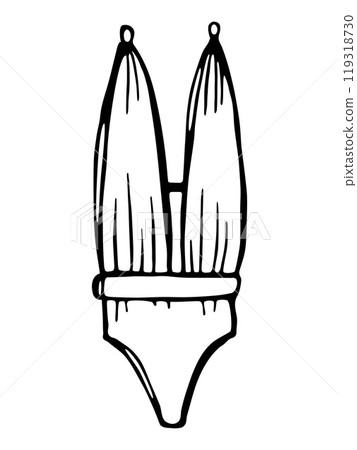 Woman swimsuit. One-piece swimsuit with a cut-out. Stylized icon, doodle ink hand-drawn style. Woman swimsuit. One-piece swimsuit with a cut-out. Stylized icon, doodle ink hand-drawn style. 119318730