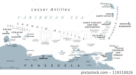 Hurricane free Caribbean islands, gray political map. Leeward Antilles and Windward Islands are safest from hurricanes. Aruba, Barbados, Bonaire, Curacao, Grenada, The Grenadines, Trinidad and Tobago. 119318826