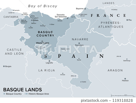 Basque Lands, gray political map. Basque Country, autonomous community in Spain with capital Vitoria-Gasteiz in dark gray, and historic Basque area in Spain and France in dark and lighter gray colors. 119318828