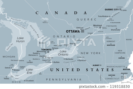 Quebec City Windsor Corridor, gray political map. Most densely populated and heavily industrialized region of Canada. The region extends between Quebec City in the northeast and Windsor, Ontario. 119318830