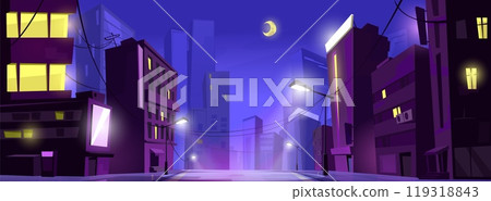 Night city road view. Town building on street Night city road view. Town building on street 119318843