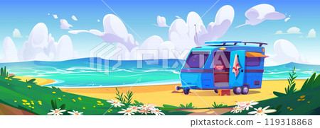 Camper van trailer on sandy sea beach Camper van trailer on sandy sea beach 119318868