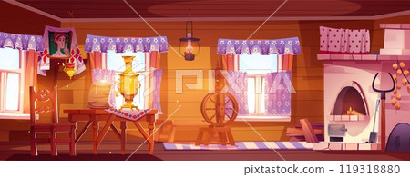 Wooden table in old russian farm kitchen interior 119318880