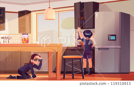 Kid boy detective spy in kitchen room for secret Kid boy detective spy in kitchen room for secret 119318913