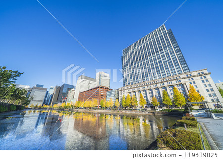 東京秋季城市景觀：丸之內的辦公大樓與日比谷街的銀杏樹[東京千代田區] 119319025
