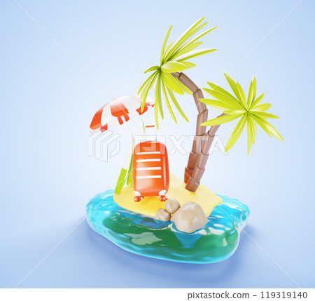 3d tropical island in ocean icon with beach sand, palm coconut trees, umbrella, suitcase, surfboard, stones in sea water on blue background render. Summer vacation and travel concept. 3D illustration 3d tropical island in ocean icon with beach sand, palm coconut trees, umbrella, suitcase, surfboard, stones in sea water on blue background render. Summer vacation and travel concept. 3D illustration 119319140