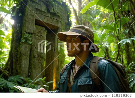 冒險家探索叢林中的古代遺跡 冒險家探索叢林中的古代遺跡 119319302