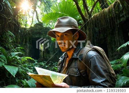 冒險家探索叢林中的古代遺跡 119319303