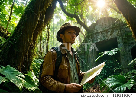 冒險家探索叢林中的古代遺跡 119319304