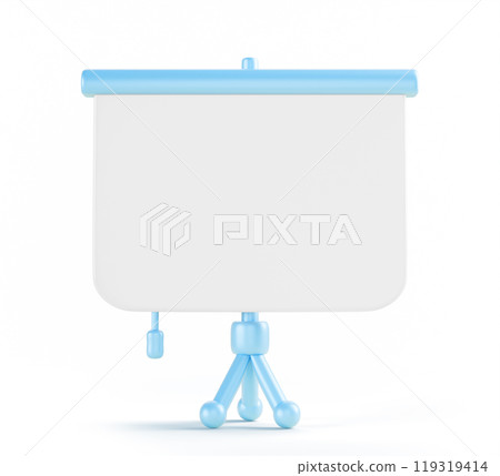 3d blue tripod with whiteboard for presentation. Render cartoon mockup of blank flipchart icon on stand for business and education seminar. Template of empty portable projector screen. 3D illustration 119319414