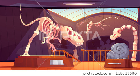 Fossil tyrannosaurus dinosaur skeleton in museum 119319590