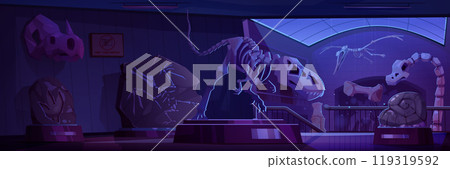 Night museum room with dinosaur skeletons 119319592