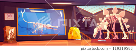 Cartoon museum room with dinosaur skeletons Cartoon museum room with dinosaur skeletons 119319593