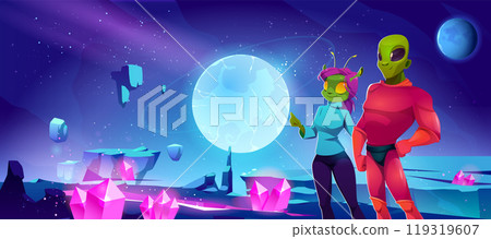 Alien couple in space on fantasy planet cartoon 119319607