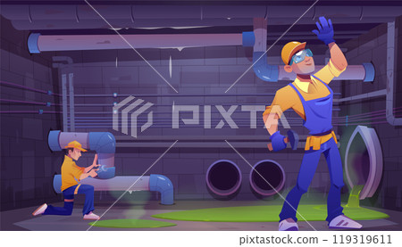 Plumber worker man repair pipe near water leak Plumber worker man repair pipe near water leak 119319611