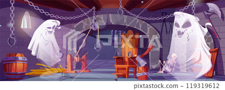 Cartoon vector medieval dungeon prison with ghost 119319612