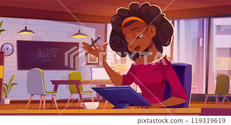 Woman employee work in creative office environment Woman employee work in creative office environment 119319619