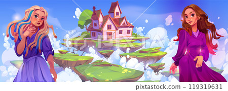 Magic house in sky and standing woman character 119319631
