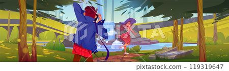 Forest waterfall with man photograph and girl Forest waterfall with man photograph and girl 119319647