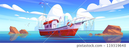 Fish boat in sea water background illustration 119319648
