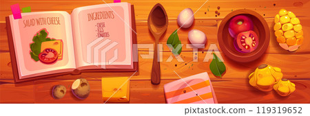 Kitchen wood table top view with recipe cookbook 119319652