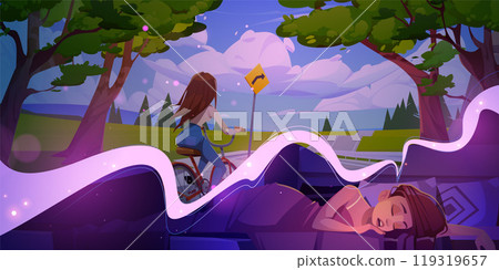Woman sleep in bed and dream about riding bicycle 119319657