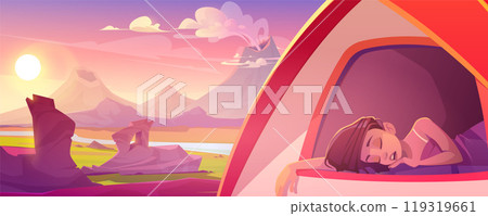 Woman sleep in camping tent with volcano view 119319661