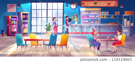 University canteen with students eating at table 119319663