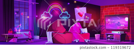 Pink gamer room for girl at night cartoon vector 119319672