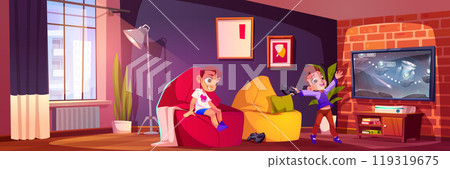 Video game room for kid boy with tv cartoon vector 119319675