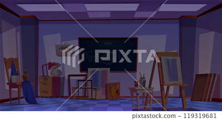 Dark art classroom with painting equipment 119319681