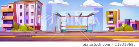 Bus stop station on city road background near sign 119319683