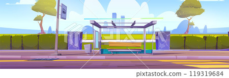 Bus stop station on city road background near sign 119319684