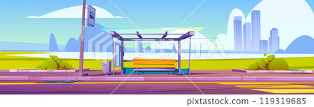 Bus stop station on city road background near sign Bus stop station on city road background near sign 119319685