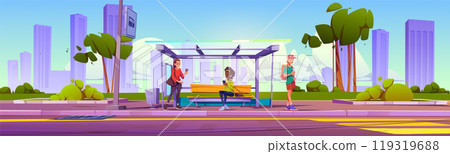 Group of people at urban bus stop 119319688
