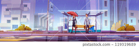 City bus stop at bad rainy weather with people City bus stop at bad rainy weather with people 119319689