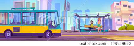 City bus arriving to pick up passengers at stop 119319690