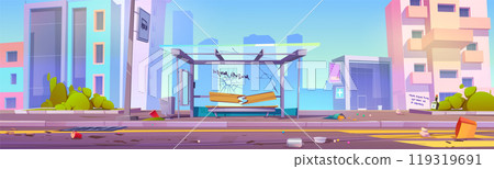 Abandoned city broken bus stop station with crack 119319691