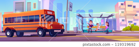 School bus stop for kid student on road cartoon 119319692