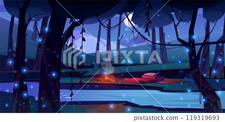 Night jungle forest with swamp and firefly vector 119319693