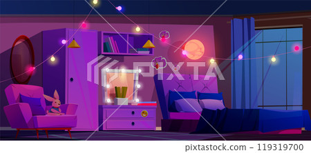Night pink girly bedroom interior vector cartoon 119319700