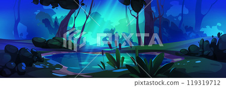 Mysterious night forest landscape with swamp 119319712