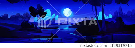 Cartoon forest and lake at night vector background Cartoon forest and lake at night vector background 119319716